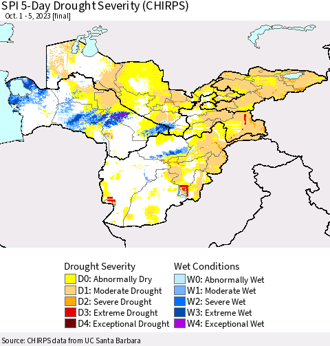 Central Asia SPI 5-Day Drought Severity (CHIRPS) Thematic Map For 10/1/2023 - 10/5/2023
