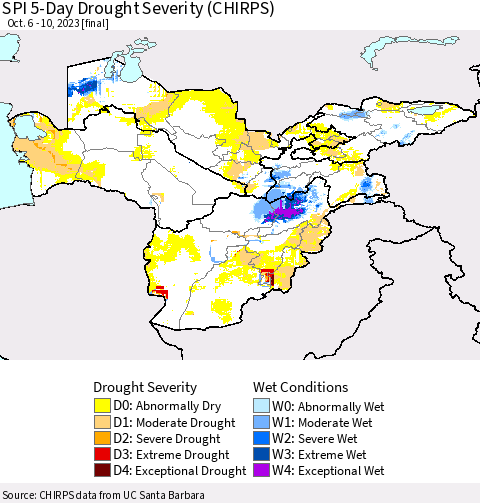 Central Asia SPI 5-Day Drought Severity (CHIRPS) Thematic Map For 10/6/2023 - 10/10/2023