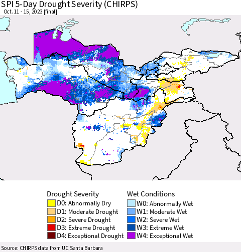 Central Asia SPI 5-Day Drought Severity (CHIRPS) Thematic Map For 10/11/2023 - 10/15/2023