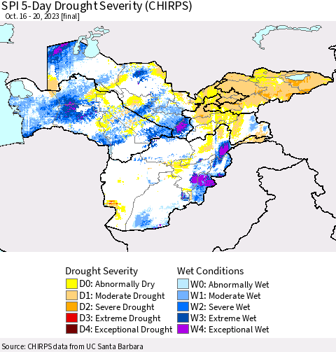 Central Asia SPI 5-Day Drought Severity (CHIRPS) Thematic Map For 10/16/2023 - 10/20/2023