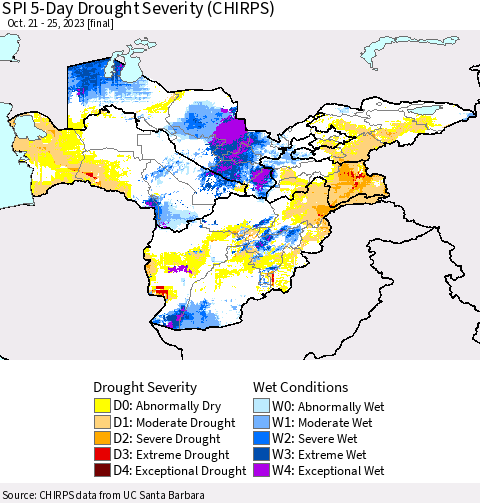 Central Asia SPI 5-Day Drought Severity (CHIRPS) Thematic Map For 10/21/2023 - 10/25/2023