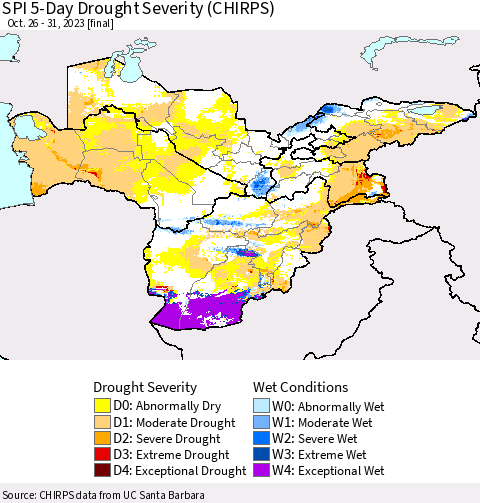 Central Asia SPI 5-Day Drought Severity (CHIRPS) Thematic Map For 10/26/2023 - 10/31/2023