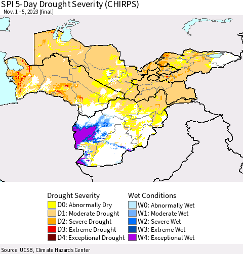 Central Asia SPI 5-Day Drought Severity (CHIRPS) Thematic Map For 11/1/2023 - 11/5/2023