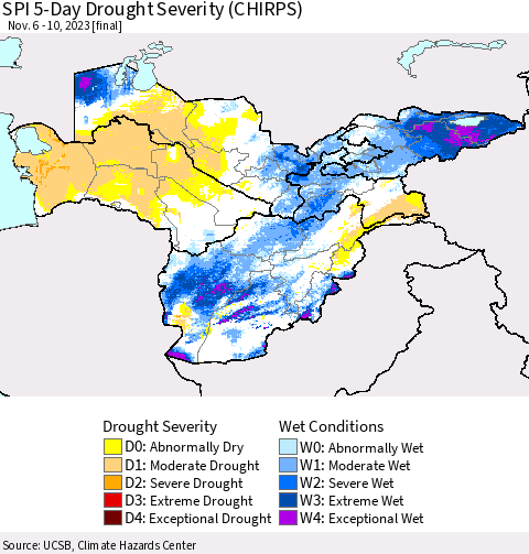 Central Asia SPI 5-Day Drought Severity (CHIRPS) Thematic Map For 11/6/2023 - 11/10/2023