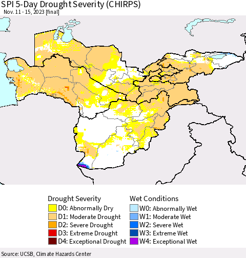 Central Asia SPI 5-Day Drought Severity (CHIRPS) Thematic Map For 11/11/2023 - 11/15/2023