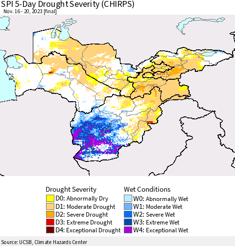Central Asia SPI 5-Day Drought Severity (CHIRPS) Thematic Map For 11/16/2023 - 11/20/2023