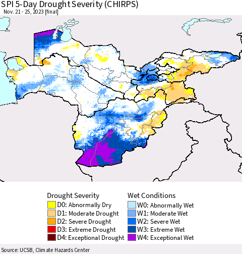 Central Asia SPI 5-Day Drought Severity (CHIRPS) Thematic Map For 11/21/2023 - 11/25/2023