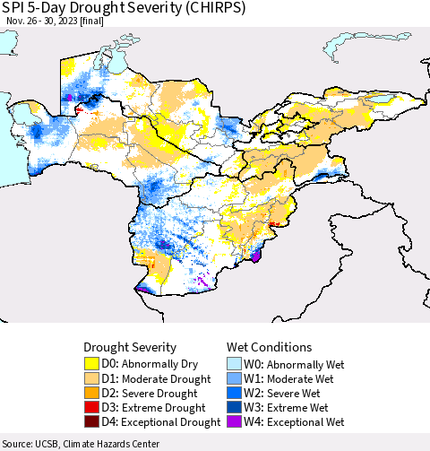 Central Asia SPI 5-Day Drought Severity (CHIRPS) Thematic Map For 11/26/2023 - 11/30/2023