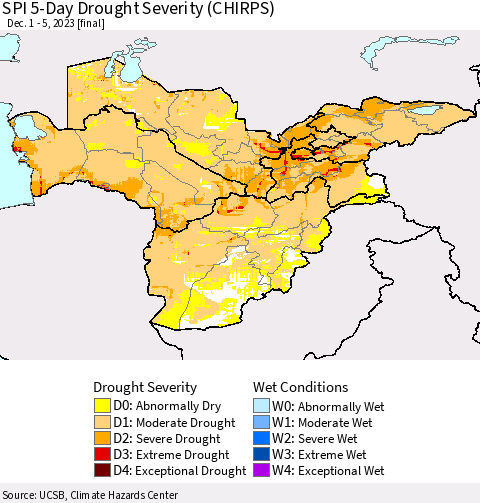Central Asia SPI 5-Day Drought Severity (CHIRPS) Thematic Map For 12/1/2023 - 12/5/2023