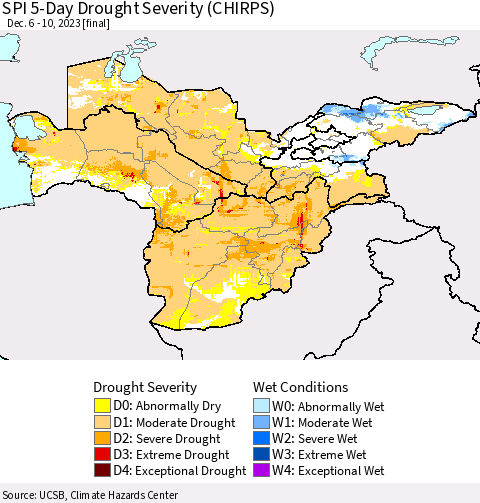 Central Asia SPI 5-Day Drought Severity (CHIRPS) Thematic Map For 12/6/2023 - 12/10/2023