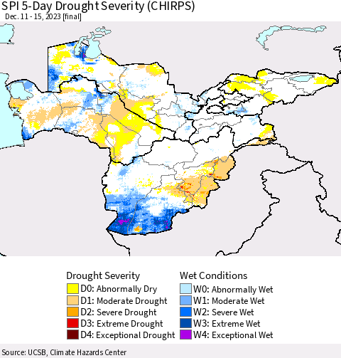 Central Asia SPI 5-Day Drought Severity (CHIRPS) Thematic Map For 12/11/2023 - 12/15/2023