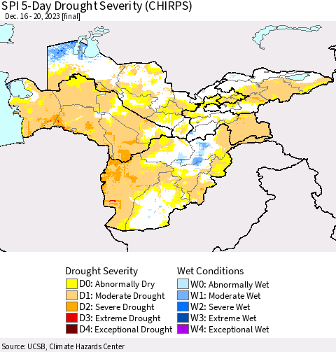 Central Asia SPI 5-Day Drought Severity (CHIRPS) Thematic Map For 12/16/2023 - 12/20/2023
