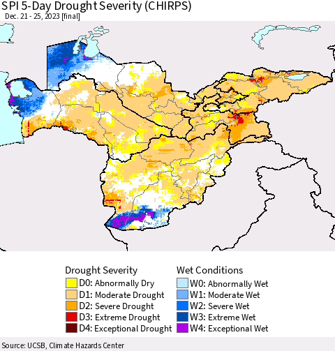 Central Asia SPI 5-Day Drought Severity (CHIRPS) Thematic Map For 12/21/2023 - 12/25/2023