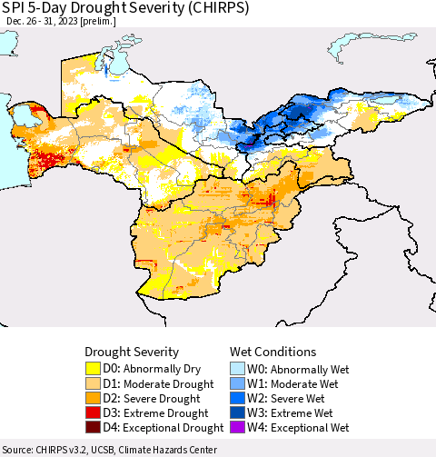 Central Asia SPI 5-Day Drought Severity (CHIRPS) Thematic Map For 12/26/2023 - 12/31/2023