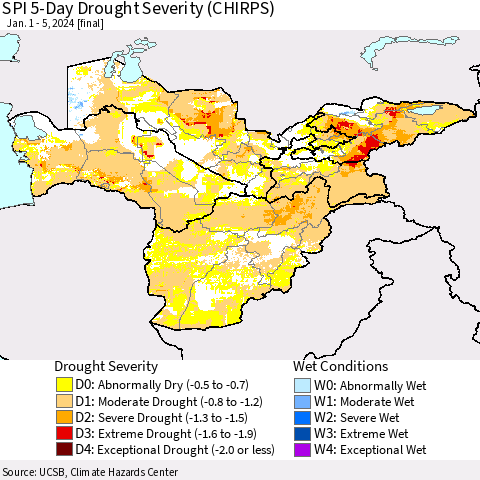 Central Asia SPI 5-Day Drought Severity (CHIRPS) Thematic Map For 1/1/2024 - 1/5/2024
