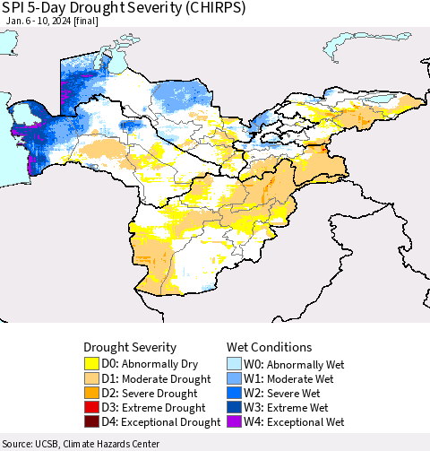 Central Asia SPI 5-Day Drought Severity (CHIRPS) Thematic Map For 1/6/2024 - 1/10/2024