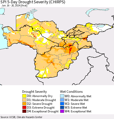 Central Asia SPI 5-Day Drought Severity (CHIRPS) Thematic Map For 1/16/2024 - 1/20/2024