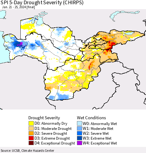 Central Asia SPI 5-Day Drought Severity (CHIRPS) Thematic Map For 1/21/2024 - 1/25/2024