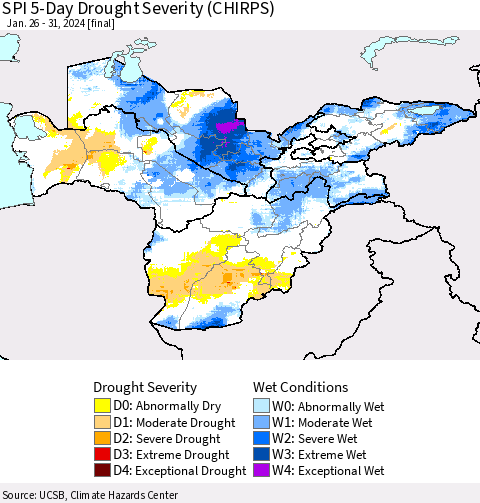 Central Asia SPI 5-Day Drought Severity (CHIRPS) Thematic Map For 1/26/2024 - 1/31/2024