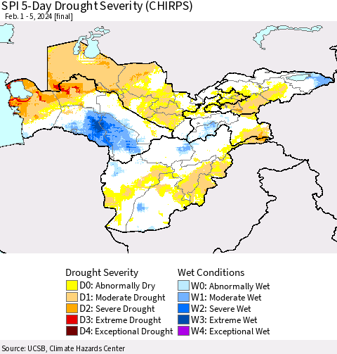 Central Asia SPI 5-Day Drought Severity (CHIRPS) Thematic Map For 2/1/2024 - 2/5/2024