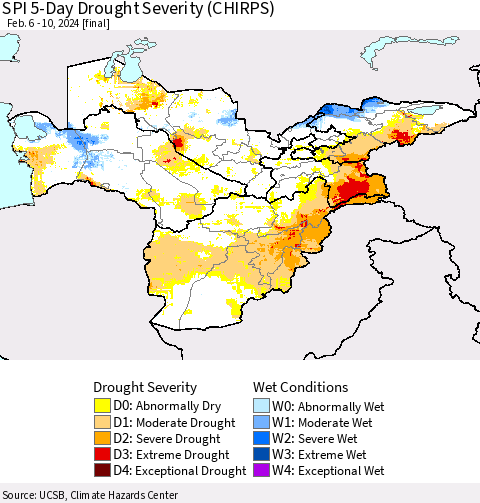Central Asia SPI 5-Day Drought Severity (CHIRPS) Thematic Map For 2/6/2024 - 2/10/2024