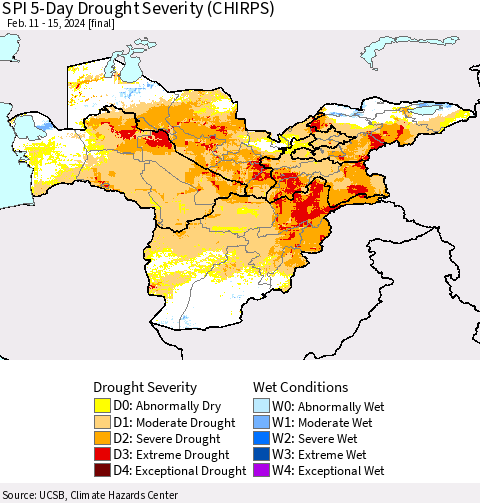 Central Asia SPI 5-Day Drought Severity (CHIRPS) Thematic Map For 2/11/2024 - 2/15/2024