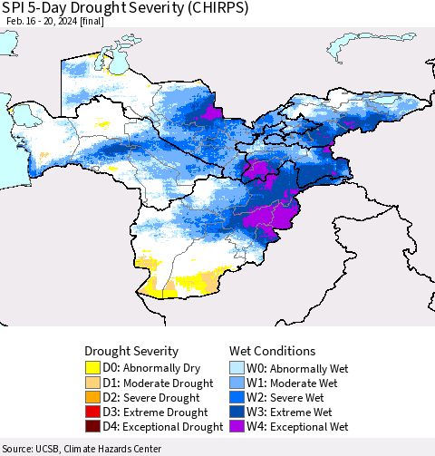 Central Asia SPI 5-Day Drought Severity (CHIRPS) Thematic Map For 2/16/2024 - 2/20/2024