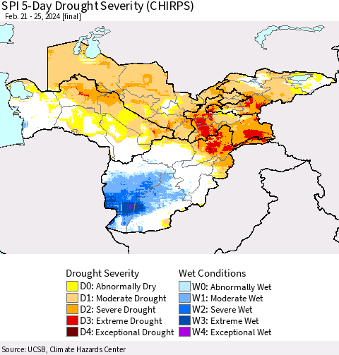 Central Asia SPI 5-Day Drought Severity (CHIRPS) Thematic Map For 2/21/2024 - 2/25/2024