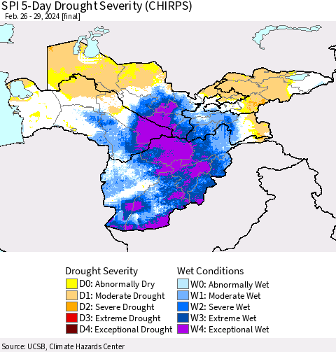 Central Asia SPI 5-Day Drought Severity (CHIRPS) Thematic Map For 2/26/2024 - 2/29/2024
