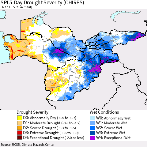 Central Asia SPI 5-Day Drought Severity (CHIRPS) Thematic Map For 3/1/2024 - 3/5/2024