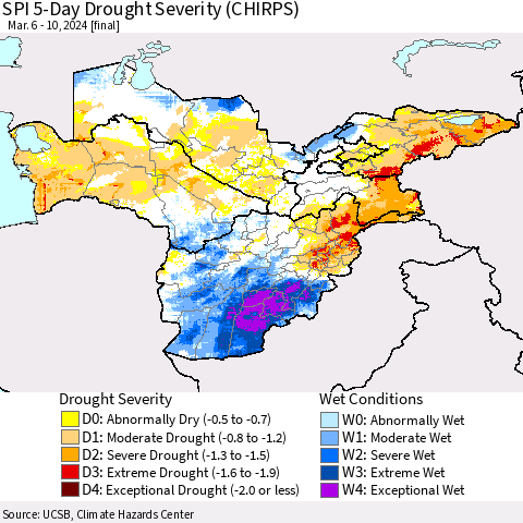 Central Asia SPI 5-Day Drought Severity (CHIRPS) Thematic Map For 3/6/2024 - 3/10/2024