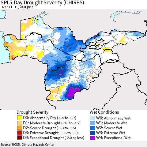 Central Asia SPI 5-Day Drought Severity (CHIRPS) Thematic Map For 3/11/2024 - 3/15/2024