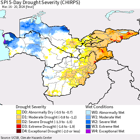 Central Asia SPI 5-Day Drought Severity (CHIRPS) Thematic Map For 3/16/2024 - 3/20/2024
