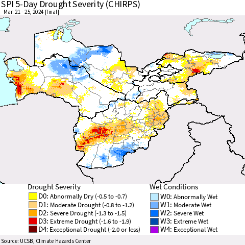 Central Asia SPI 5-Day Drought Severity (CHIRPS) Thematic Map For 3/21/2024 - 3/25/2024