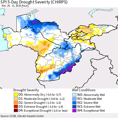 Central Asia SPI 5-Day Drought Severity (CHIRPS) Thematic Map For 3/26/2024 - 3/31/2024