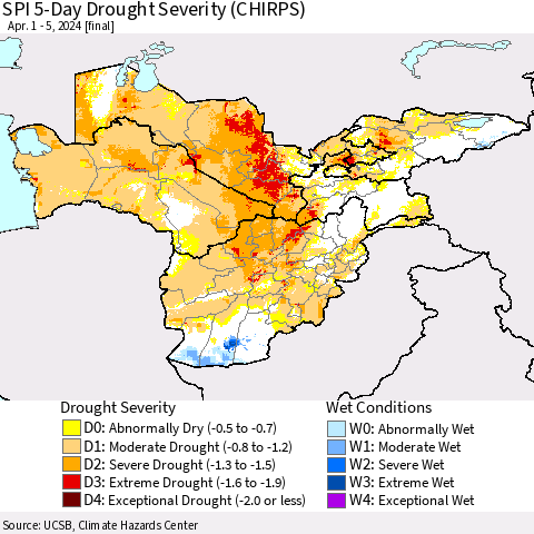 Central Asia SPI 5-Day Drought Severity (CHIRPS) Thematic Map For 4/1/2024 - 4/5/2024