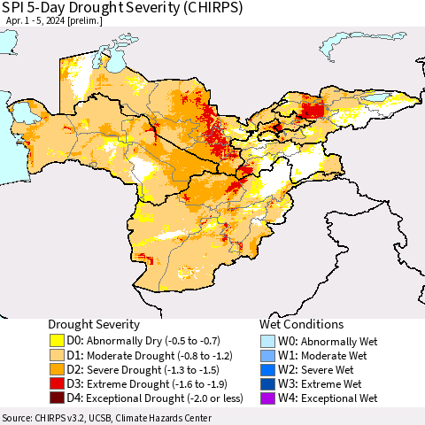 Central Asia SPI 5-Day Drought Severity (CHIRPS) Thematic Map For 4/1/2024 - 4/5/2024