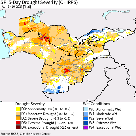 Central Asia SPI 5-Day Drought Severity (CHIRPS) Thematic Map For 4/6/2024 - 4/10/2024