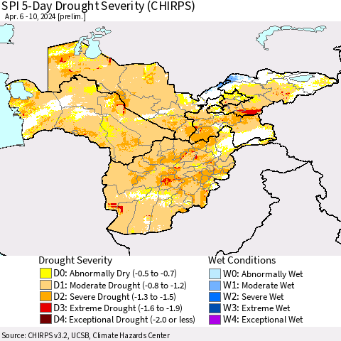 Central Asia SPI 5-Day Drought Severity (CHIRPS) Thematic Map For 4/6/2024 - 4/10/2024