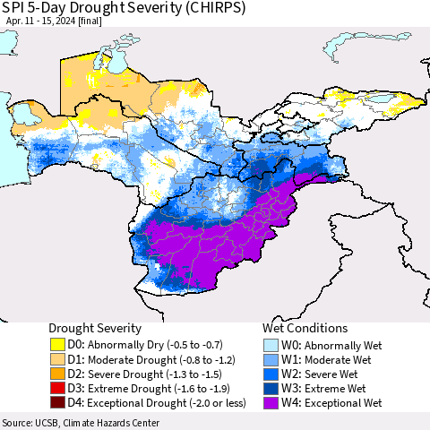 Central Asia SPI 5-Day Drought Severity (CHIRPS) Thematic Map For 4/11/2024 - 4/15/2024