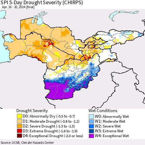 Central Asia SPI 5-Day Drought Severity (CHIRPS) Thematic Map For 4/16/2024 - 4/20/2024