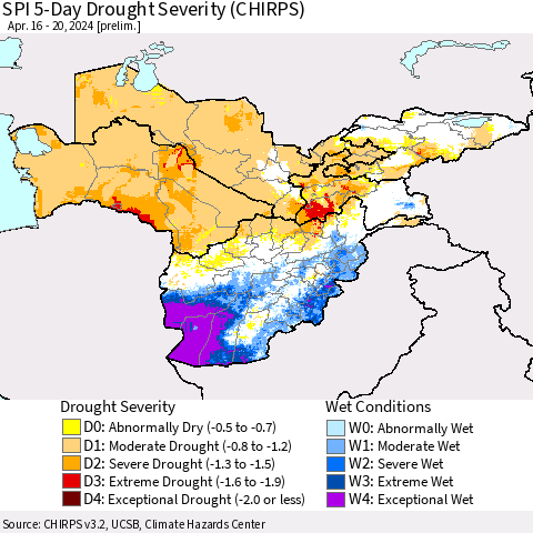 Central Asia SPI 5-Day Drought Severity (CHIRPS) Thematic Map For 4/16/2024 - 4/20/2024