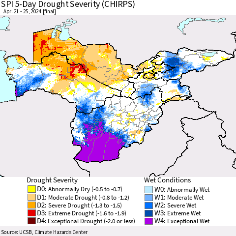 Central Asia SPI 5-Day Drought Severity (CHIRPS) Thematic Map For 4/21/2024 - 4/25/2024