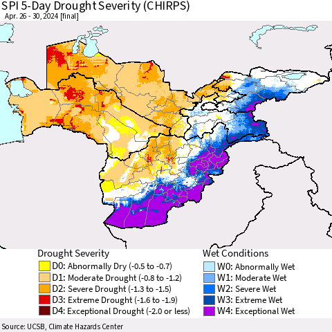 Central Asia SPI 5-Day Drought Severity (CHIRPS) Thematic Map For 4/26/2024 - 4/30/2024