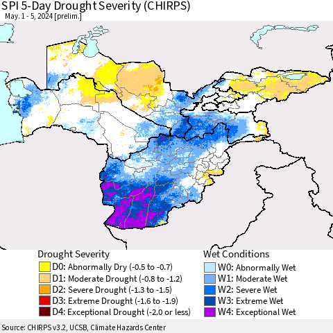 Central Asia SPI 5-Day Drought Severity (CHIRPS) Thematic Map For 5/1/2024 - 5/5/2024
