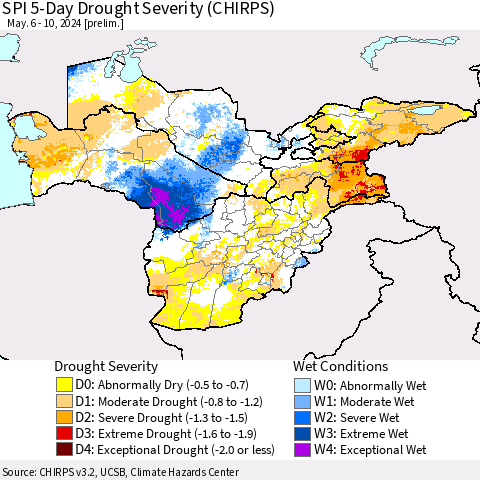 Central Asia SPI 5-Day Drought Severity (CHIRPS) Thematic Map For 5/6/2024 - 5/10/2024