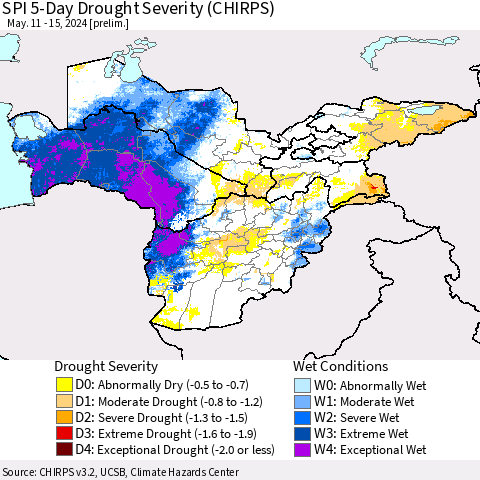Central Asia SPI 5-Day Drought Severity (CHIRPS) Thematic Map For 5/11/2024 - 5/15/2024
