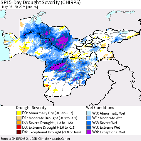 Central Asia SPI 5-Day Drought Severity (CHIRPS) Thematic Map For 5/16/2024 - 5/20/2024