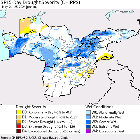 Central Asia SPI 5-Day Drought Severity (CHIRPS) Thematic Map For 5/21/2024 - 5/25/2024