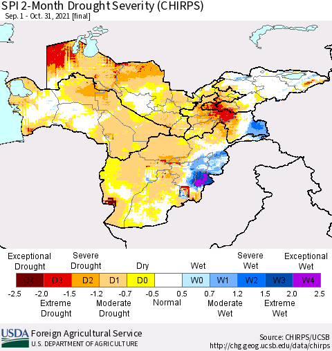 Central Asia SPI 2-Month Drought Severity (CHIRPS) Thematic Map For 9/1/2021 - 10/31/2021